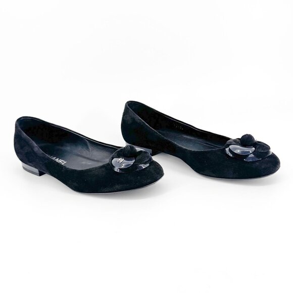 Chanel Camellia CC Ballet Flats Black Suede Size 38.5 US 7.5–8 Women Flower Logo - Picture 1 of 14